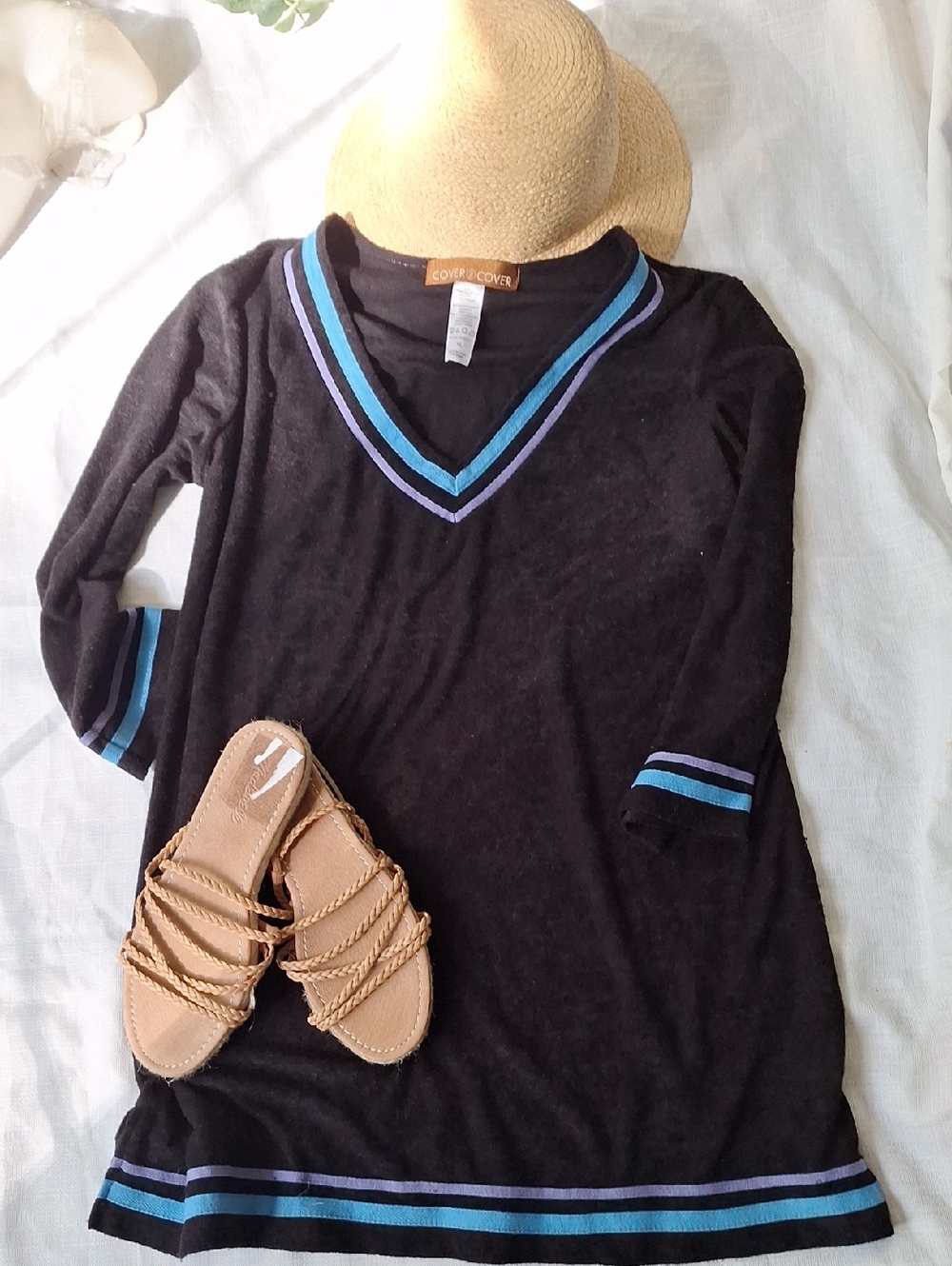 Cover 2 Cover Terry Soft Long Sleeves Black Tunic Blue Beach Swim Coverup Dress